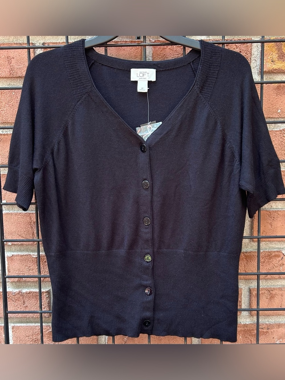 LOFT Black Short-Sleeve V-Neck Button Cardigan